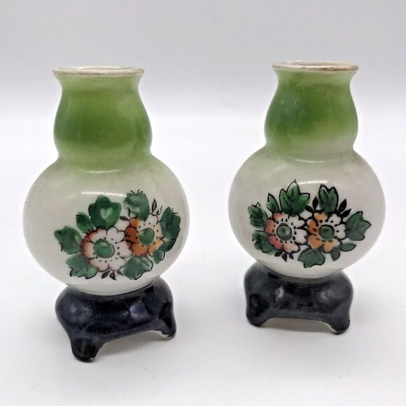 Pair Vintage Vase H KATO Miniature Footed Green Floral Occupied Japan Signed - Picture 1 of 9
